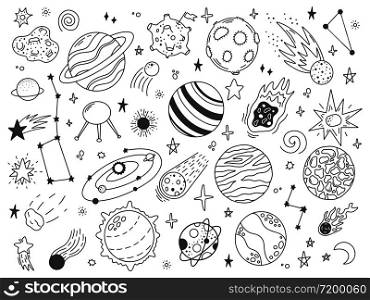 Space doodles. Sketch space planets, hand drawn celestial bodies, earth, sun and moon. Universe space planets vector illustration icons set. Celestial doodle, moon and sun drawing, universe cosmic. Space doodles. Sketch space planets, hand drawn celestial bodies, earth, sun and moon. Universe space planets vector illustration icons set