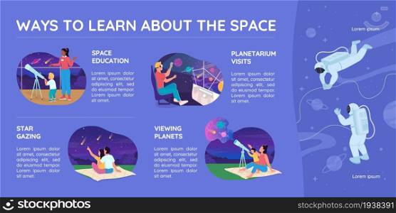 Space education flat color vector infographic template. Observatory tour. Poster with text, PPT page concept design with cartoon characters. Creative data visualization. Info banner idea. Space education flat color vector infographic template