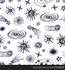 Space elements, planets, stars, asteroids seamless pattern. Space planet and asteroid, comet in galaxy. Vector illustration. Space elements, planets, stars, asteroids seamless pattern