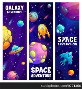 Space expedition and galaxy adventure. Spacecrafts in starry universe. Cartoon vector banners with alien ufo saucer, rockets, planets and asteroids in space. Kids bookmarks with fantasy space planets. Space expedition and galaxy adventure, spacecrafts