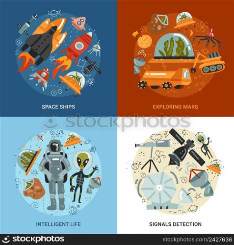 Space exploration 2x2 design concept with flying to mars detection of signals and intelligence life square icons flat vector illustration . Space Exploration 2x2 Design Concept