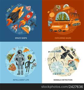 Space exploration 2x2 design concept with flying to mars detection of signals and intelligence life square icons flat vector illustration . Space Exploration 2x2 Design Concept