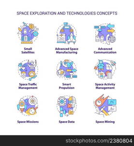 Space exploration and technology concept icons set. Science and industry idea thin line color illustrations. Isolated symbols. Editable stroke. Roboto-Medium, Myriad Pro-Bold fonts used. Space exploration and technology concept icons set