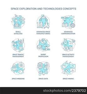 Space exploration and technology turquoise concept icons set. Science and industry idea thin line color illustrations. Isolated symbols. Editable stroke. Roboto-Medium, Myriad Pro-Bold fonts used. Space exploration and technology turquoise concept icons set