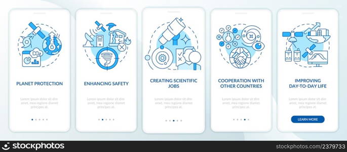 Space exploration benefits blue onboarding mobile app screen. Advantages walkthrough 5 steps graphic instructions pages with linear concepts. UI, UX, GUI template. Myriad Pro-Bold, Regular fonts used. Space exploration benefits blue onboarding mobile app screen