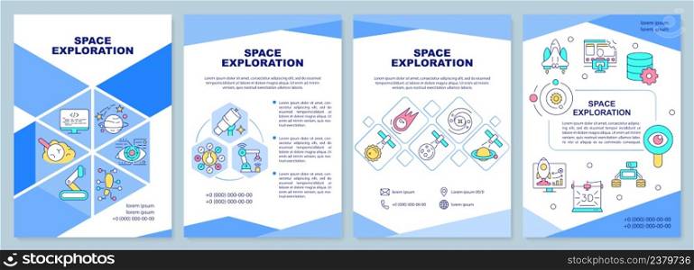 Space exploration blue brochure template. Cosmos researching. Leaflet design with linear icons. 4 vector layouts for presentation, annual reports. Arial-Black, Myriad Pro-Regular fonts used. Space exploration blue brochure template