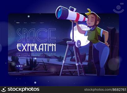 Space exploration cartoon landing page. Woman look in telescope, curious young girl explore moon and stars on dark night sky. Astronomy science learning, galaxy observation hobby, vector web banner. Space exploration cartoon landing page, web banner