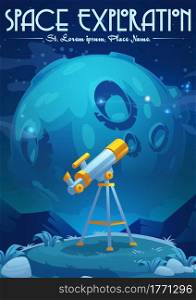 Space exploration cartoon poster with telescope stand on hill under starry sky with Moon. Science discovery and astronomy studying. Equipment for watching stars and planets in galaxy vector banner. Space exploration cartoon poster with telescope