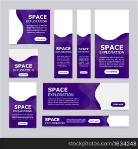 Space exploration company web banner design template. Vector flyer with text space. Advertising placard with customized copyspace. Printable poster for advertising. Myriad Pro, Verdana fonts used. Space exploration company web banner design template