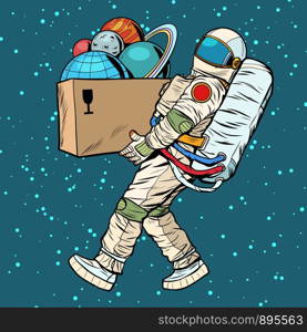 space exploration concept. astronaut takes the planet in a box. Pop art retro vector stock illustration drawing. space exploration concept. astronaut takes the planet in a box