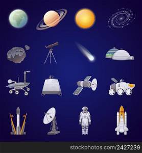 Space exploration flat icons set  lunar rover artificial satellite astronaut comet spaceship isolated vector illustration. Space Exploration Flat Icons Set  
