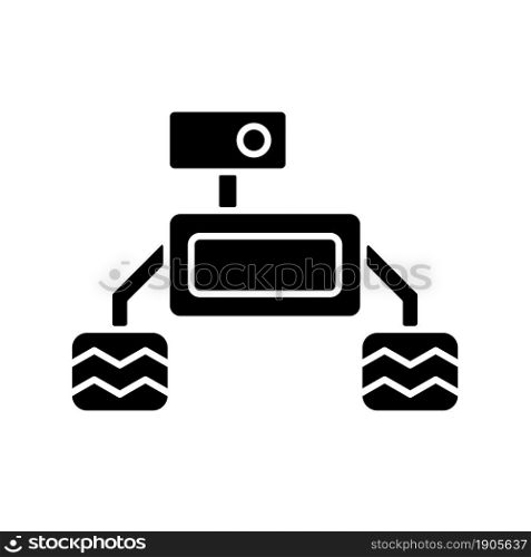 Space exploration robot black glyph icon. Collecting sample for examination. Robotic vehicle. Perform actions in space. Autonomous robot. Silhouette symbol on white space. Vector isolated illustration. Space exploration robot black glyph icon