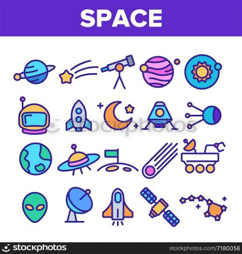 Space Exploration Vector Thin Line Icons Set. Outer Space, Extraterrestrial Life Linear Pictograms. Solar System, Moon Surface Research, Satellites, Telescopes, Spaceships Contour Illustrations. Space Exploration Vector Thin Line Icons Set.