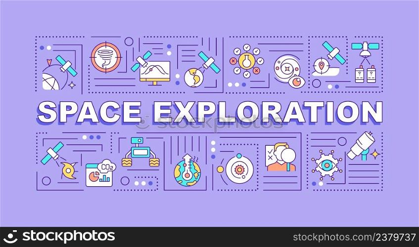 Space exploration word concepts purple banner. Outer space researching. Infographics with icons on color background. Isolated typography. Vector illustration with text. Arial-Black font used. Space exploration word concepts purple banner