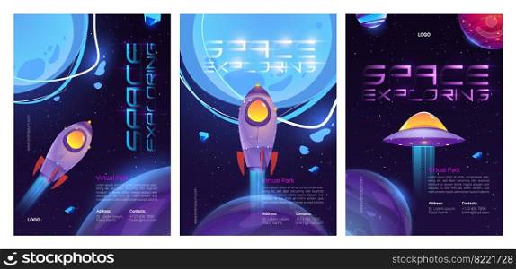 Space exploring cartoon posters with alien ufo saucer, planets and rocket or shuttle take off from Earth. Fantasy cosmic backgrounds with galaxy objects and transport, vector illustration, banners set. Space exploring posters saucer, planets, rocket