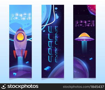 Space exploring cartoon vertical banners, alien ufo saucer, astronaut rocket or shuttle, planets and asteroids in outer space. Kids bookmarks with fantasy galaxy cosmic and Universe objects vector set. Space exploring cartoon vertical banners, bookmark