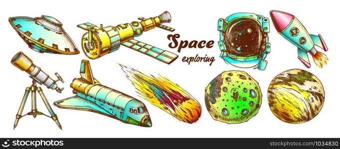 Space Exploring Elements Set Vector. Space Rocket And Shuttle, Satellite And Ufo, Asteroid And Exposure Suit, Planet And Telescope. Hand Drawn In Vintage Style Color Illustrations. Space Exploring Color Elements Set Vector