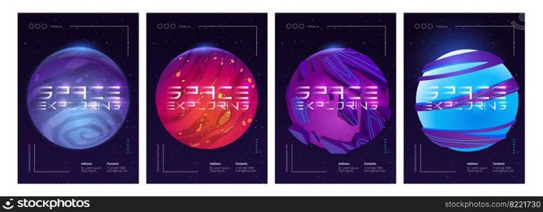 Space exploring posters. Vector set of futuristic flyers with cartoon illustration of fantasy alien planets on background of outer space with stars. Design template of explore galaxy, cosmos discovery. Vector poster of space exploring