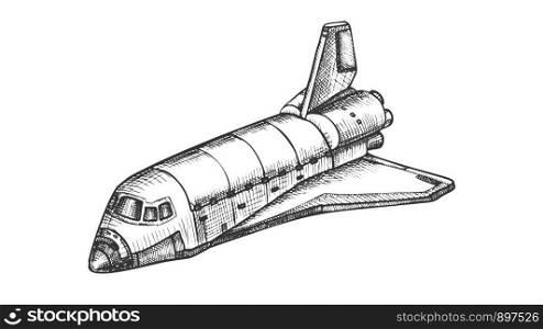 Space Exploring Ship Shuttle Monochrome Vector. Astronautic Aeroballistic Transport Shuttle For Explore Cosmos. Booster Rocket Spaceship Hand Drawn In Vintage Style Black And White Illustration. Space Exploring Ship Shuttle Monochrome Vector