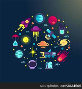 Space flat icons composition. Space abstract background with flat space icons in circle composition. Space exploration infographic element