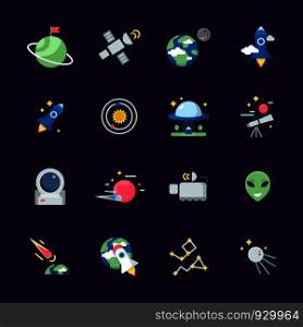 Space flat icons. Telescope satellite spaceship earth sun and planets views from observatory vector illustrations. Earth and spaceship, planet and telescope, rocket shuttle and ufo. Space flat icons. Telescope satellite spaceship earth sun and planets views from observatory vector illustrations