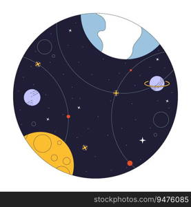 Space flat line concept vector spot illustration. Universe with planets and stars 2D cartoon outline objects on white for web UI design. Editable isolated color hero image. Space flat line concept vector spot illustration