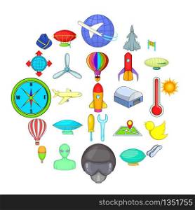 Space flight icons set. Cartoon set of 25 space flight icons for web isolated on white background. Space flight icons set, cartoon style