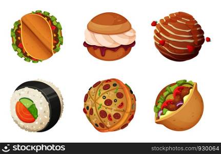 Space food planets. Game cartoon fantasy world from candy sweets burgers and pizza with meal and salad funny vectors. Illustration of planet food burger and pizza world. Space food planets. Game cartoon fantasy world from candy sweets burgers and pizza with meal and salad funny vectors