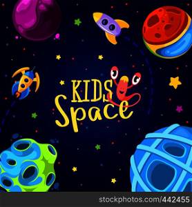 Space frame design. Vector illustration. Kids background in cartoon style. Monsters in space. Space frame design. Vector illustration. Kids background in cartoon style