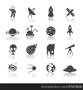 Space galaxy exploration icons black set with spaceship satellite astronaut shuttle isolated vector illustration