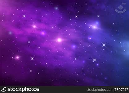 Space galaxy nebula, stardust and shining stars. Starry universe vector cosmic background with blue and purple realistic nebulosity and glow stars. Infinite cosmos, night sky wallpaper or backdrop. Space galaxy nebula, stardust and shining stars