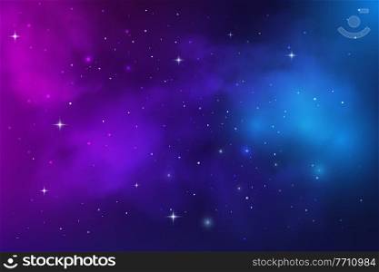Space galaxy nebula, stardust and starry universe sky, vector background. Space sky with stars shine in cosmic clouds, blue and purple starry light glow or stardust flares in galaxy nebula. Space galaxy nebula, stardust in starry universe