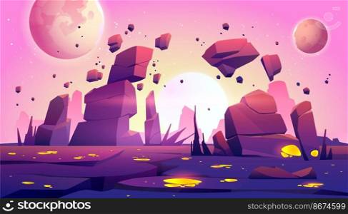 Space game background with landscape of alien planet with rocks, cracks and glowing spots. Vector cartoon fantasy illustration of cosmos and planet surface for gui game design. Space game background with landscape of planet