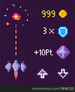 Space game in pixel style vector, spaceship with laser weapon. Icons and points, scored coins and shield, arrows up and down, number and info board, pixelated 8 bit game. Space Pixel Game, Spaceship and Points Icons Set