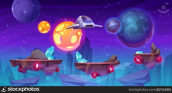 Space game level background with platforms. Vector cartoon illustration of universe with alien planets, stars and spaceship for gui interface of arcade, computer animation, mobile or console game. Space game level background with platforms