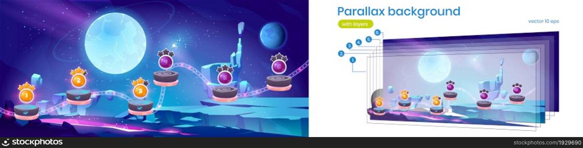 Space game level map with complete stages with gold stars and alien planet landscape. Vector parallax background for 2d game animation with cartoon illustration of cosmos and level platforms. Parallax background with space game level map