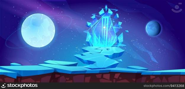Space game platform with magic ice portal. Vector cartoon illustration of stone bridge covered with snow, arch way to fantastic mirror gate glowing with neon blue, planets and stars in night sky. Space game platform with magic ice portal