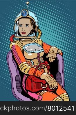 Space girl beauty sexy science fiction pop art retro style. A woman sits in a chair. International womens day. Female power. Space girl beauty sexy science fiction