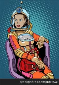 Space girl beauty sexy science fiction pop art retro style. A woman sits in a chair. International womens day. Female power. Space girl beauty sexy science fiction