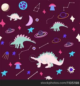 Space girl dinosaur seamless pattern on maroon. Cute wild monster endless design. Joyous reptile galaxy decor for textile, paper, web, kid clothing. Vector illustration in flat cartoon style.. Dinosaur Christmas pattern