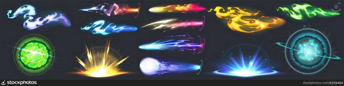 Space guns vfx effect, explosion, laser blasters with plasmic beams and rays. Raygun pistols, futuristic alien weapon. Game comic energy phasers with colorful lightnings, fireballs Cartoon vector set. Space guns vfx effect, explosion, laser blasters