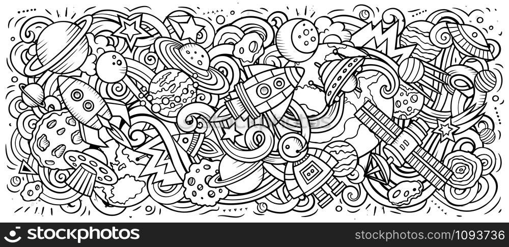 Space hand drawn cartoon doodles illustration. Cosmic funny objects and elements design. Creative art background. Sketchy vector banner. Space hand drawn cartoon doodles illustration. Sketchy vector banner