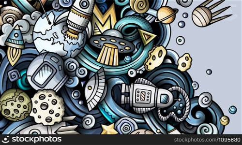 Space hand drawn doodle banner. Cartoon detailed illustrations. Cosmic identity with objects and symbols. Color vector design elements background. Space hand drawn doodle banner. Cartoon detailed illustrations.