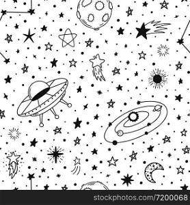 Space hand drawn pattern. Seamless doodle space planets and stars pattern, sketch celestial bodies doodles. Galaxy elements vector background. Spaceship and rocket, cosmos with spacecraft illustration. Space hand drawn pattern. Seamless doodle space planets and stars pattern, sketch celestial bodies doodles. Galaxy elements vector background