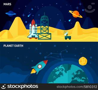 Space horizontal banner set with flat planet earth and mars scapes isolated vector illustration. Space Banner Set
