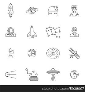 Space icon outline set with rocket launch and lunar station isolated vector illustration. Space Icon Outline