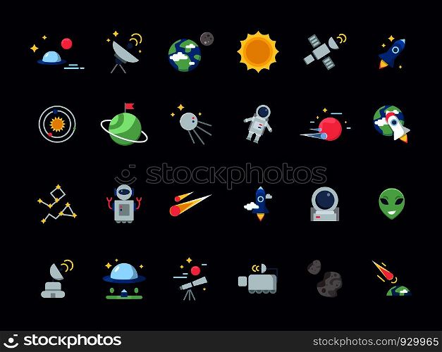 Space icons. Earth moon with sun and satellites asteroid views from telescope vector space icons in flat style. Illustration of earth and satellite, space rocket and moon, sun, asteroid, star. Space icons. Earth moon with sun and satellites asteroid views from telescope vector space icons in flat style