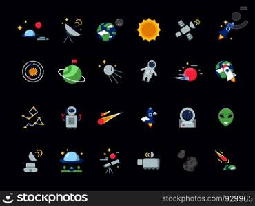 Space icons. Earth moon with sun and satellites asteroid views from telescope vector space icons in flat style. Illustration of earth and satellite, space rocket and moon, sun, asteroid, star. Space icons. Earth moon with sun and satellites asteroid views from telescope vector space icons in flat style