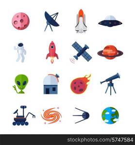 Space icons flat set with meteorite asteroid rocket globe isolated vector illustration