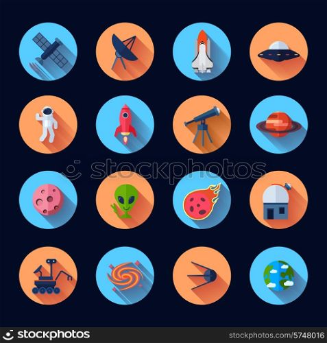 Space icons flat set with meteorite rocket spaceship satellite isolated vector illustration